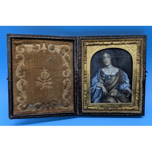 264 - A Miniature Oil On Metal Plate of A Lady In Velvet Lined Leather Case - Painting 6x5cm