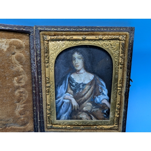 264 - A Miniature Oil On Metal Plate of A Lady In Velvet Lined Leather Case - Painting 6x5cm