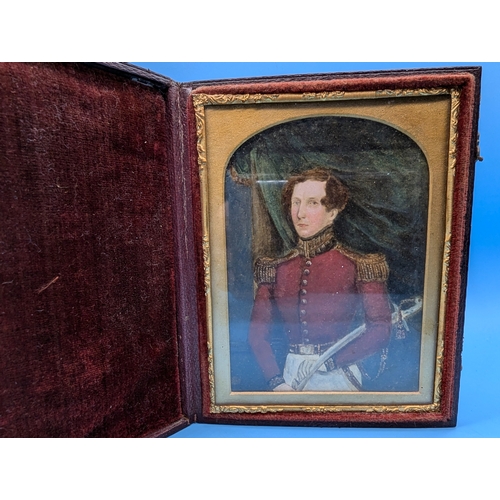 270 - A Late 18th Century Watercolour Miniature Of A Redheaded British Army Officer In A Burgundy Leather ... 