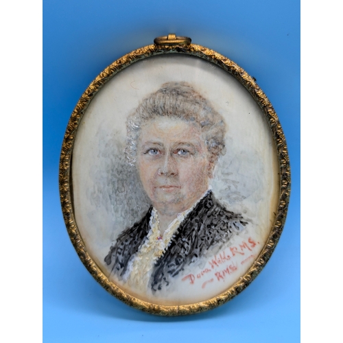 281 - A Portrait Miniature - Dora Wells R.M.S. Watercolour and Gouache on Ivory - 6.5 x 8cm 

Ivory Certif... 