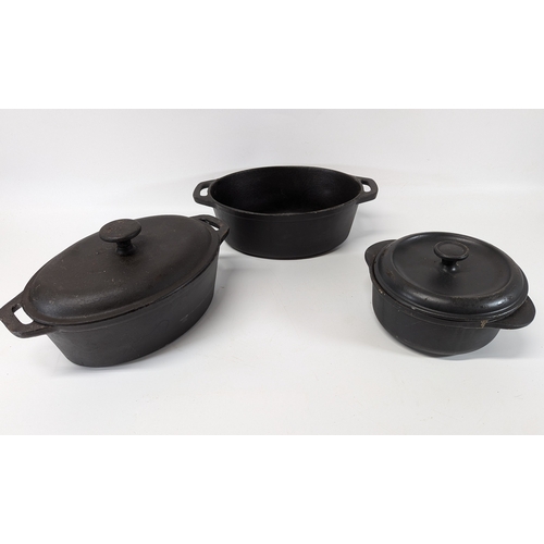 1317 - 3 Cast Iron Casserole Pots - 1 Round & 2 Oval (One With Lid)