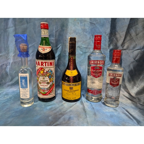 110 - A Bottle Of Torres Gran Reserve Brandy 70cl, SMirnoff Vodkas 70cl And 350ml, Martini Rosso And Melbu... 