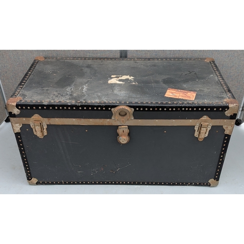 1809 - Large Grey Metal Bound Trunk With Leather Handles - 51 x 101 x 52cm