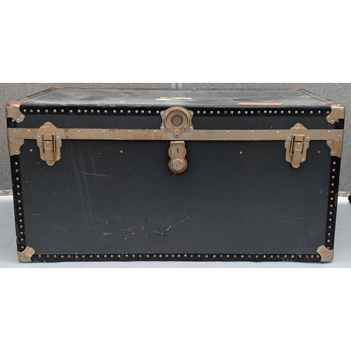 1809 - Large Grey Metal Bound Trunk With Leather Handles - 51 x 101 x 52cm