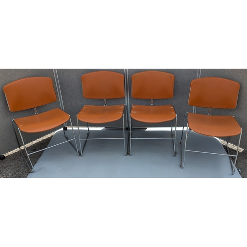 1814 - Set of 4 Burnt Orange And Chrome Stacking Chairs