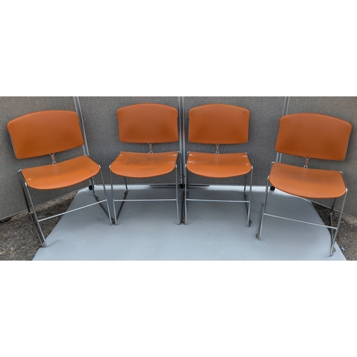 1814 - Set of 4 Burnt Orange And Chrome Stacking Chairs