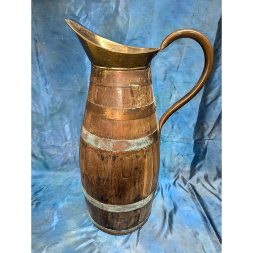 3 - A Large Wood, Brass And Copper Coopered Pitcher - 66cm Tall