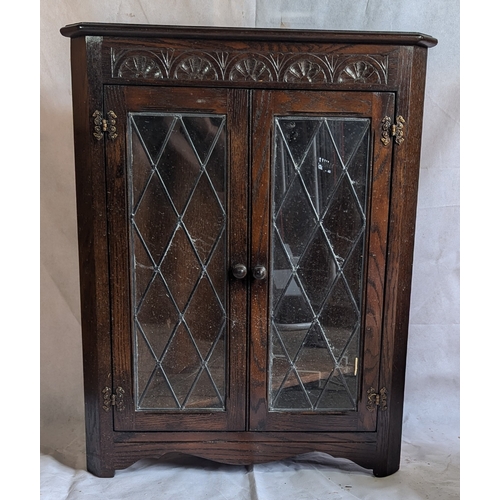 1163 - Wall Hanging Corner Unit With Leaded Glass Doors - 88 x 69 x 39cm