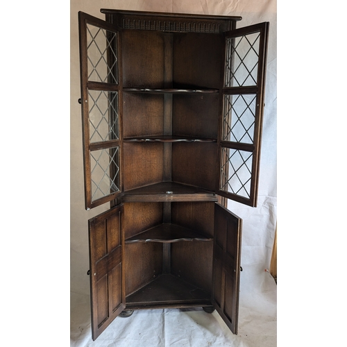 1164 - Corner Cupboard With Display Top And Leaded Glass Doors - 170 x 70 x 35cm