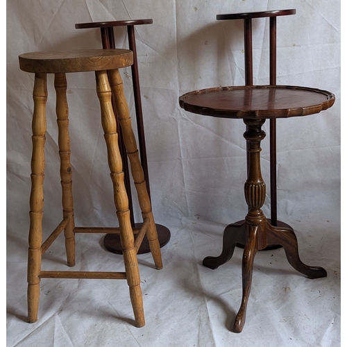 1166 - Pine Bar Stool, Pie Crust Table And 2 Plant Stands