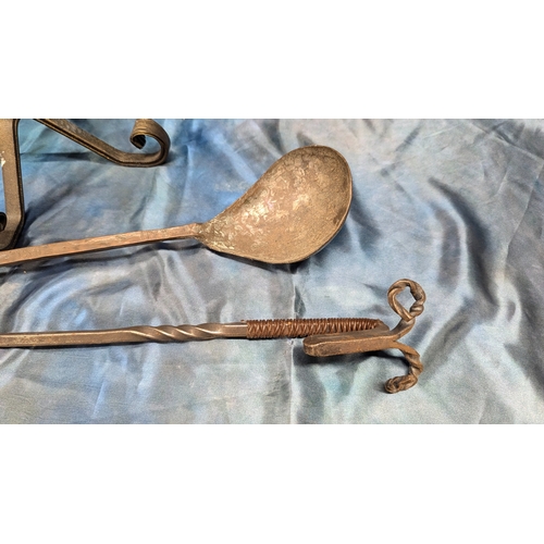 446 - A Copper Ladle, Rams Head,  Fine Poker And Candle Stand