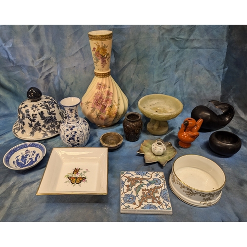 452 - An Assortment Of China And Ornaments Including A Blue & White Vase With Blue Sword Mark To Base