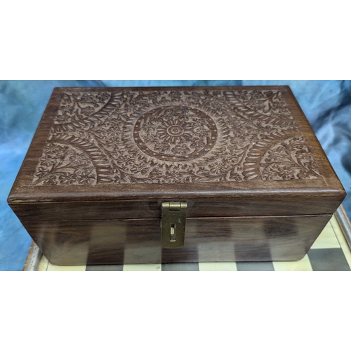 402 - Chessboard With Carved Wooden Pieces In Carved Wooden Box