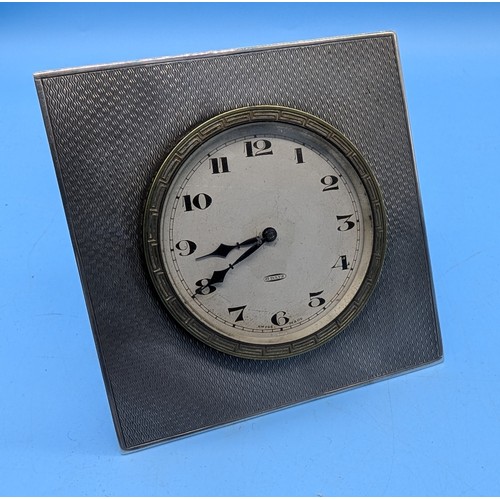 211 - A Hallmarked, Silver Faced Swiss 8 Day Antique Desk / Travel Clock - Running - 124gms In Frame