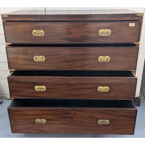 466 - 4 Drawer Chest In 2 Parts With Brass Bounding And Handles On Turned Legs - 114 x 107 x 50cm