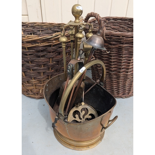 377 - 2 Wicker Log Baskets And Brass Companion Set - Trivet And Helmet Scuttle