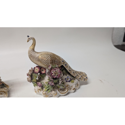 113 - Antique Hancock Derby Peacock Figurines x 3.  Some losses to figurines a pictured.  18cm Long, 17cm ... 