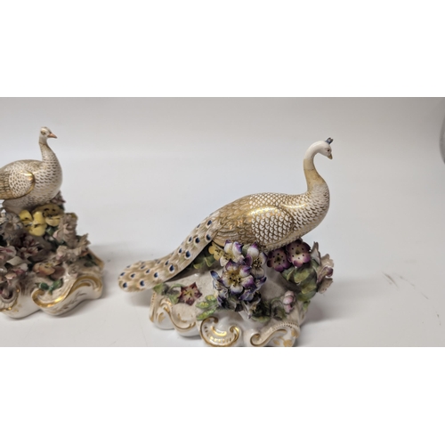 113 - Antique Hancock Derby Peacock Figurines x 3.  Some losses to figurines a pictured.  18cm Long, 17cm ... 