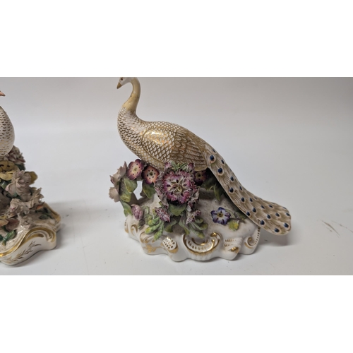 113 - Antique Hancock Derby Peacock Figurines x 3.  Some losses to figurines a pictured.  18cm Long, 17cm ... 