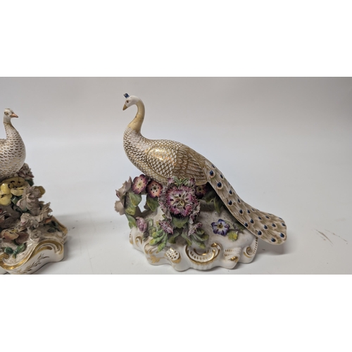 113 - Antique Hancock Derby Peacock Figurines x 3.  Some losses to figurines a pictured.  18cm Long, 17cm ... 