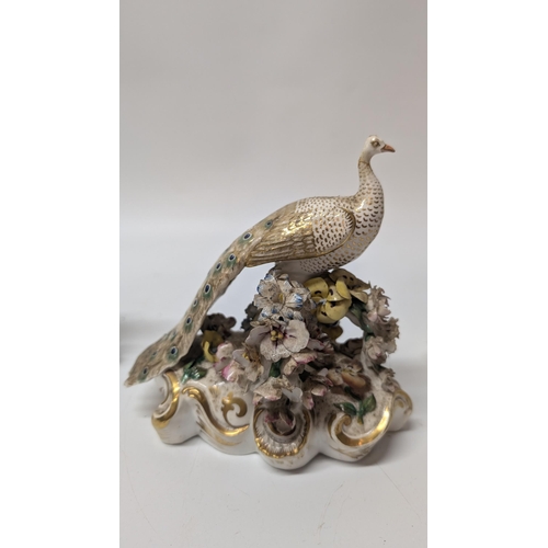 113 - Antique Hancock Derby Peacock Figurines x 3.  Some losses to figurines a pictured.  18cm Long, 17cm ... 