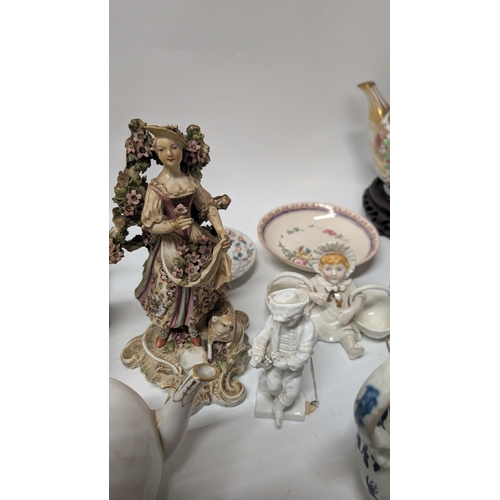 114 - Antique Capodimonte Lady with Sheep, Baby with Baskets, Lusterware 19th Century jug with Fox Hunting... 