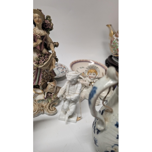 114 - Antique Capodimonte Lady with Sheep, Baby with Baskets, Lusterware 19th Century jug with Fox Hunting... 