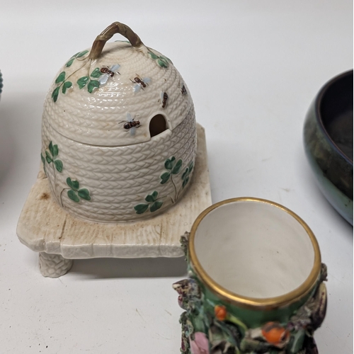 120 - 20th Century Belleek Beehive Honey Pot and Cover, Spode Slip Vase encrusted with Flowers, Mid Centur... 