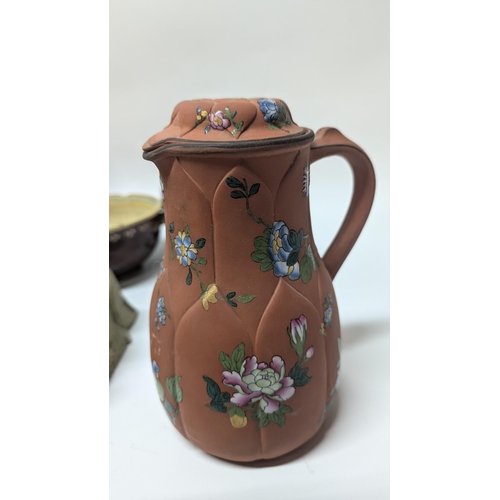 139 - Antique China and Porcelain items inc: 
- Swiss Antique Terracotta Pot with Glazed Slip Panting and ... 