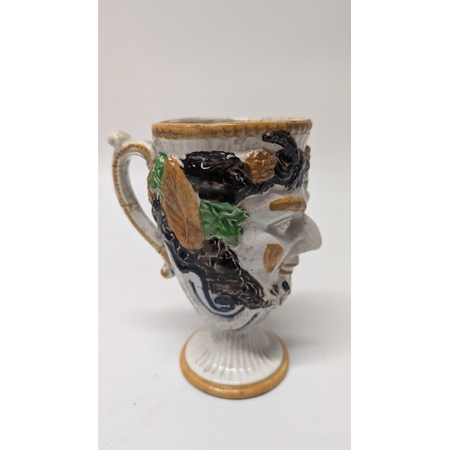 142 - Antique Prattware Satyr frog Mug Circa 1800, 13cm Tall , 7cm Diameter approx.  ( some repairs as pic... 