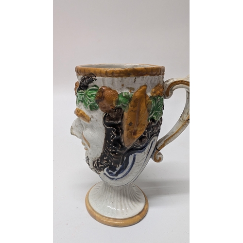 142 - Antique Prattware Satyr frog Mug Circa 1800, 13cm Tall , 7cm Diameter approx.  ( some repairs as pic... 