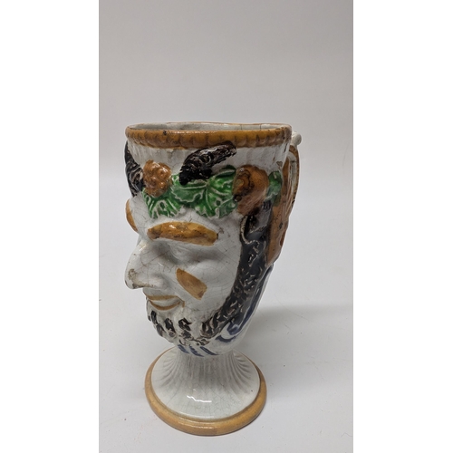 142 - Antique Prattware Satyr frog Mug Circa 1800, 13cm Tall , 7cm Diameter approx.  ( some repairs as pic... 