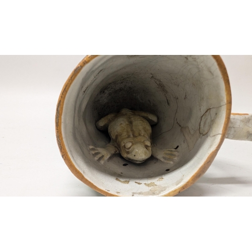 142 - Antique Prattware Satyr frog Mug Circa 1800, 13cm Tall , 7cm Diameter approx.  ( some repairs as pic... 