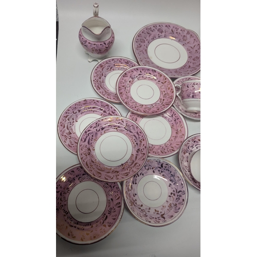 150 - A Collection of Antique Staffordshire Pink Lustre Rose Pattern Cups and Saucers, Plates, Bowl, Cake ... 