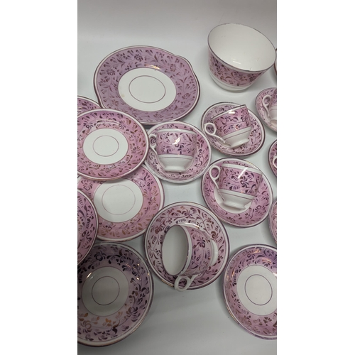 150 - A Collection of Antique Staffordshire Pink Lustre Rose Pattern Cups and Saucers, Plates, Bowl, Cake ... 