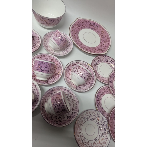 150 - A Collection of Antique Staffordshire Pink Lustre Rose Pattern Cups and Saucers, Plates, Bowl, Cake ... 