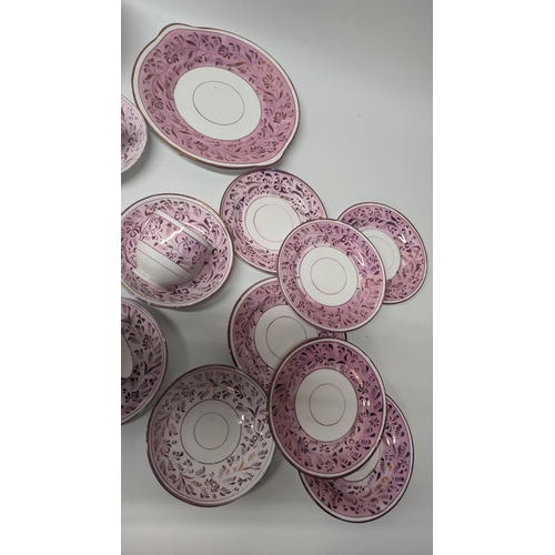 150 - A Collection of Antique Staffordshire Pink Lustre Rose Pattern Cups and Saucers, Plates, Bowl, Cake ... 