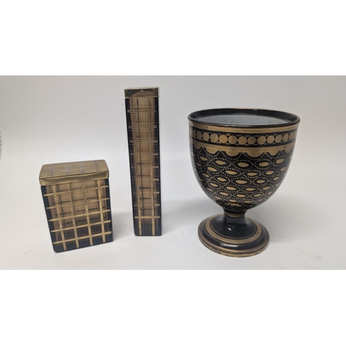 152 - Antique Brown and Gold Decorated Goblet ( Porcelain) plus 2 x Brown Glass and Gold Metal Containers ... 