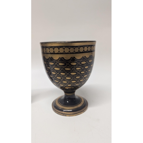 152 - Antique Brown and Gold Decorated Goblet ( Porcelain) plus 2 x Brown Glass and Gold Metal Containers ... 