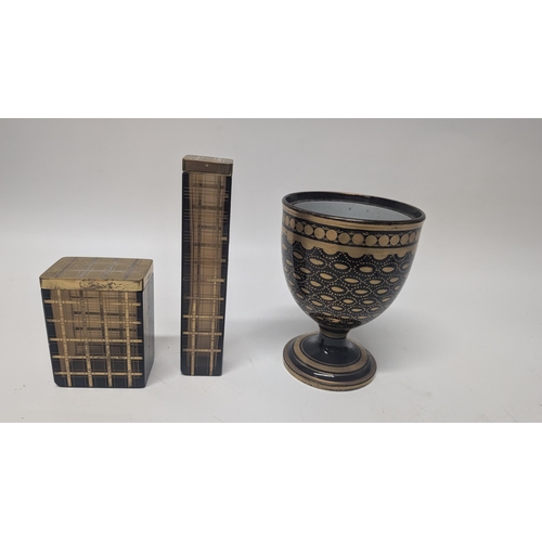 152 - Antique Brown and Gold Decorated Goblet ( Porcelain) plus 2 x Brown Glass and Gold Metal Containers ... 