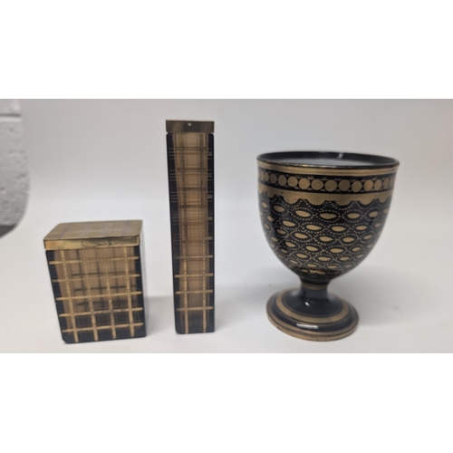 152 - Antique Brown and Gold Decorated Goblet ( Porcelain) plus 2 x Brown Glass and Gold Metal Containers ... 