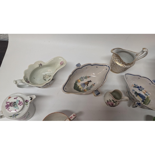 159 - A Collection of Antique Chinaware inc. 
- A Liverpool Blue and White Delftware Double Ended Sauce Bo... 