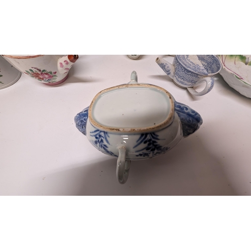 159 - A Collection of Antique Chinaware inc. 
- A Liverpool Blue and White Delftware Double Ended Sauce Bo... 