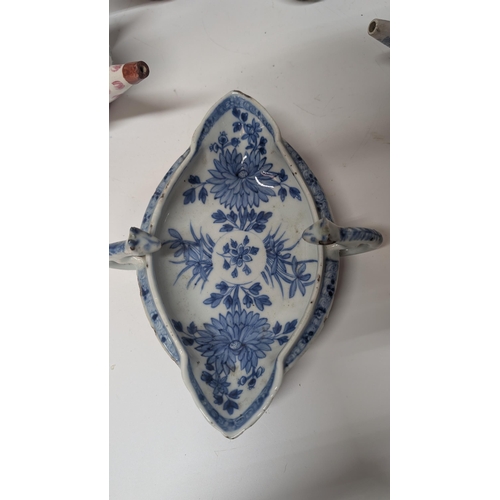 159 - A Collection of Antique Chinaware inc. 
- A Liverpool Blue and White Delftware Double Ended Sauce Bo... 