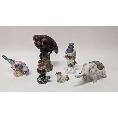 165 - Antique Figurines inc. 
-  Meissen Parrot 7cm Tall
- Staffordshire Cow 4cm Tall
- Majolica Rooster m... 