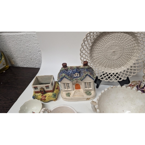 182 - A Selection of Antique China and Porcelain including Latticeware Basket Weave Plate, Erotic / Magic ... 