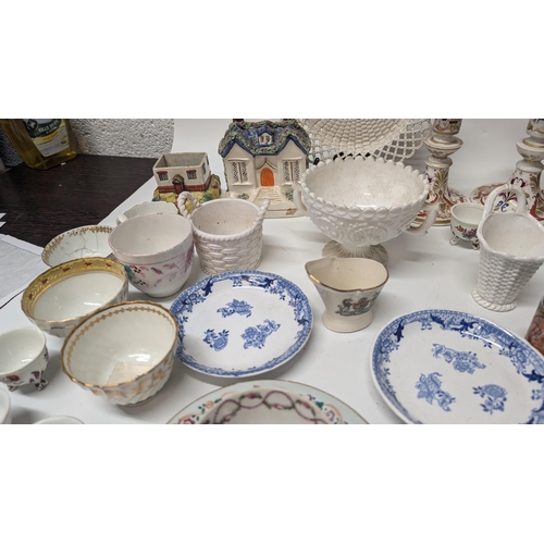 182 - A Selection of Antique China and Porcelain including Latticeware Basket Weave Plate, Erotic / Magic ... 