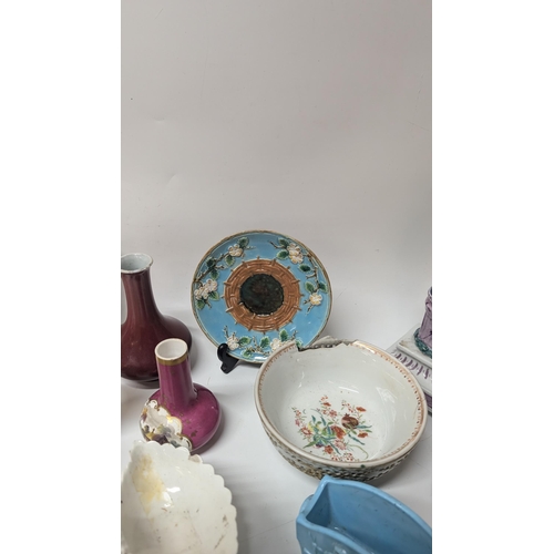 182 - A Selection of Antique China and Porcelain including Latticeware Basket Weave Plate, Erotic / Magic ... 