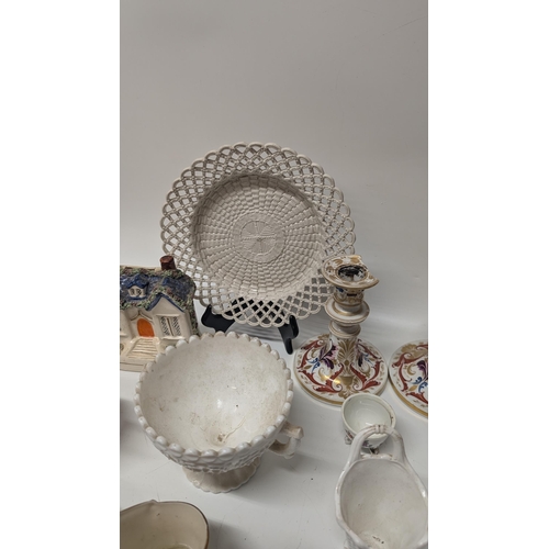 182 - A Selection of Antique China and Porcelain including Latticeware Basket Weave Plate, Erotic / Magic ... 