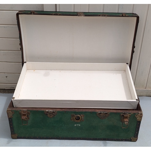 1330 - Green Metal Bound Trunk - 36 x 91 x 54cm